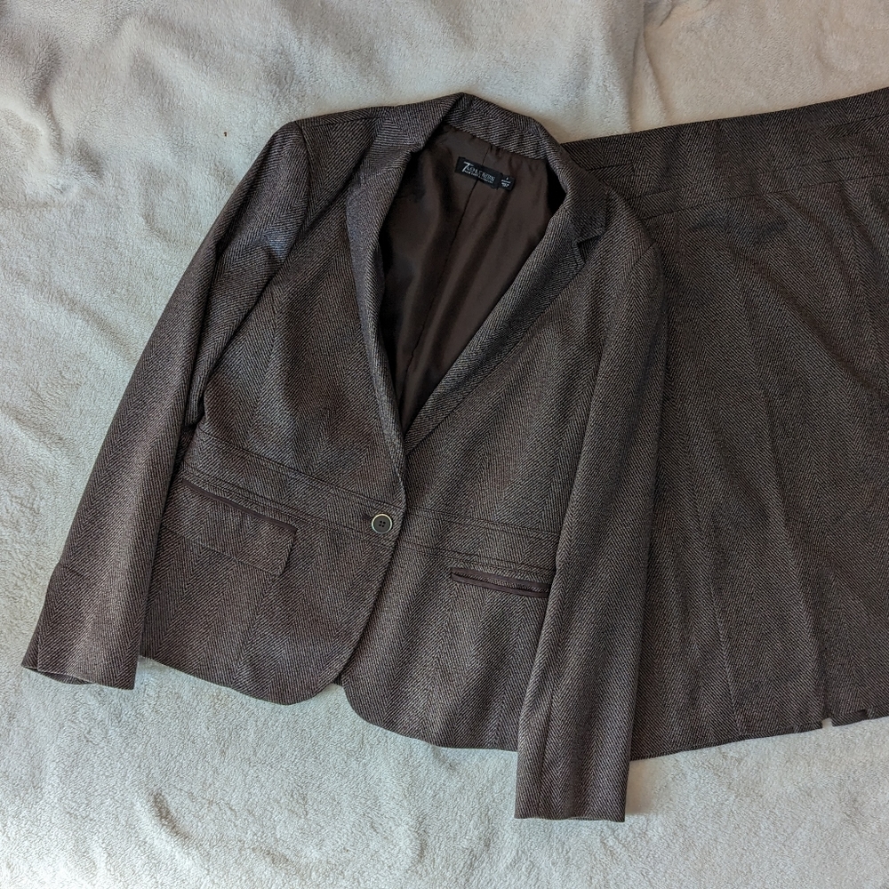Chocolate brown tweed skirt suit jacket sz 8 skirt sz 12 - Picture 13 of 16